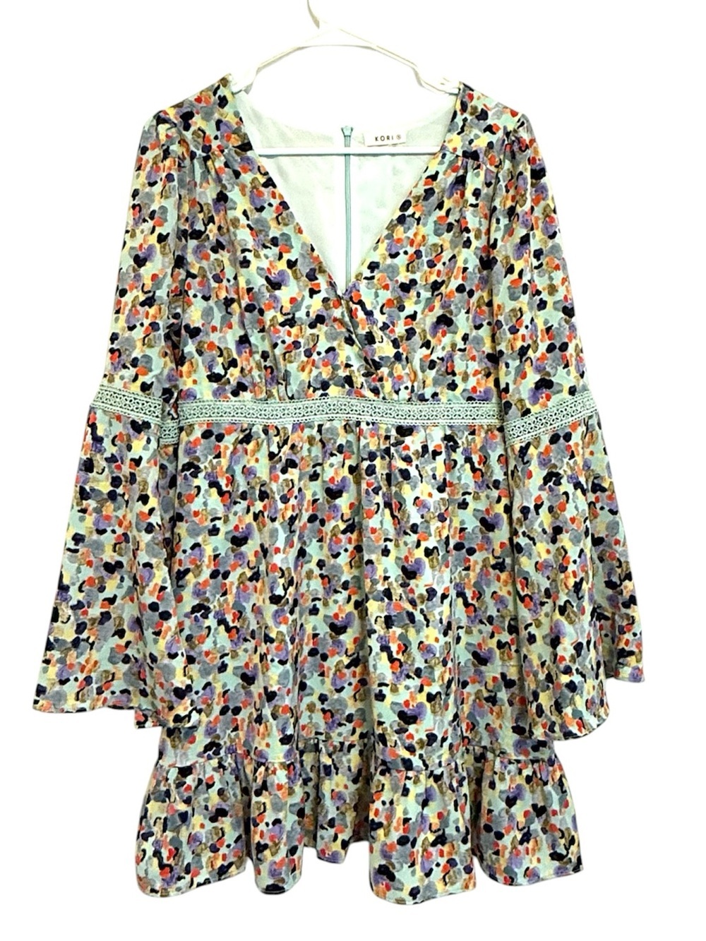 Kori Colorful Abstract Print Boho Babydoll Dress Size Small Bell Sleeve Pockets